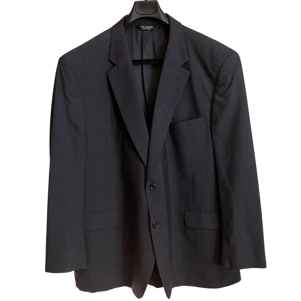 Jos. A. Bank Mens 50R Wool Suit Charcoal Grey Windowpane Pleated Cuffed 10820N